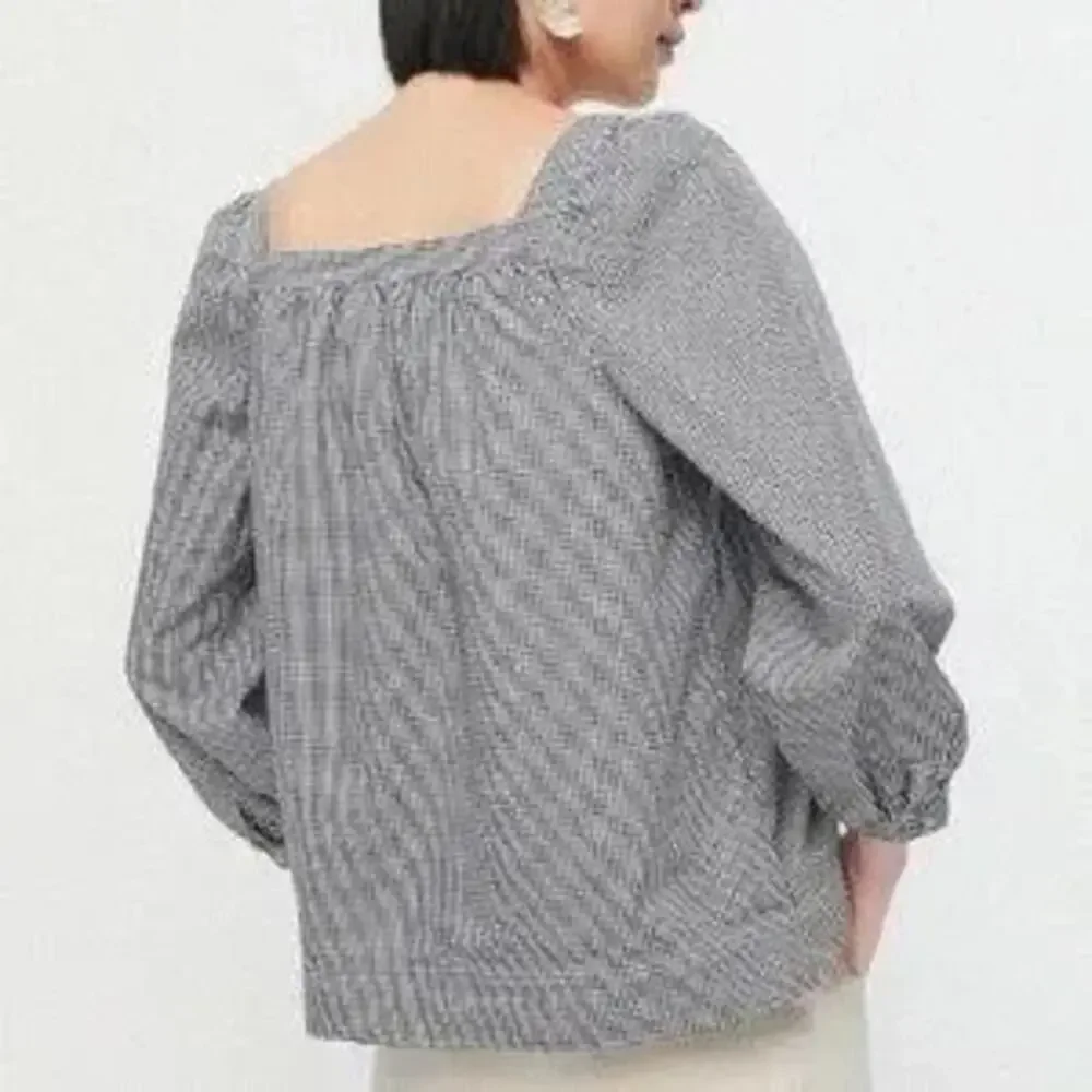 J Crew Penny Peasant Gingham Square Neck 3/4 Sleeve Top Black White XS